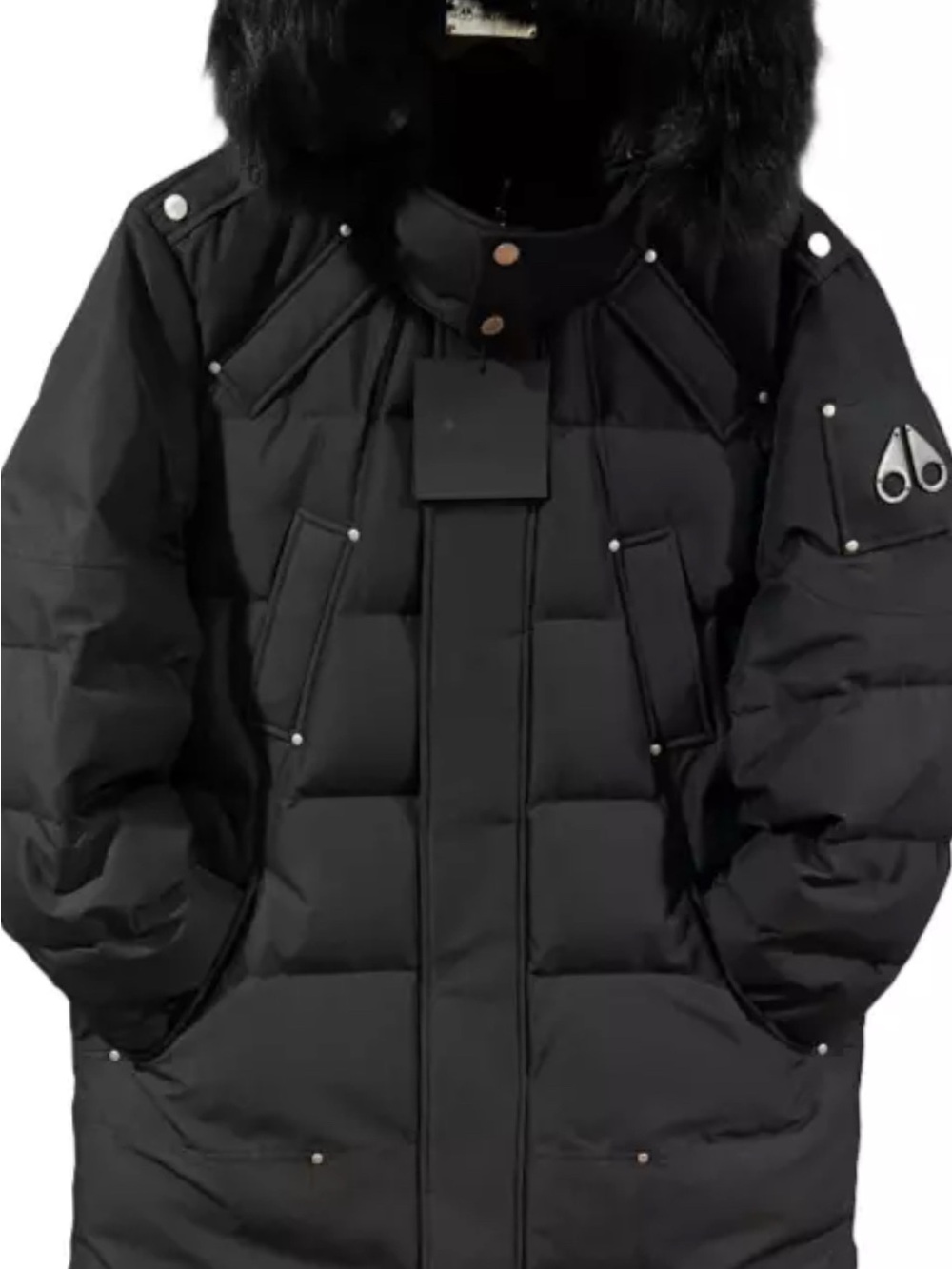 Moose Knuckles Men's Black Down Puffer Parka with Fur-Trim Hood